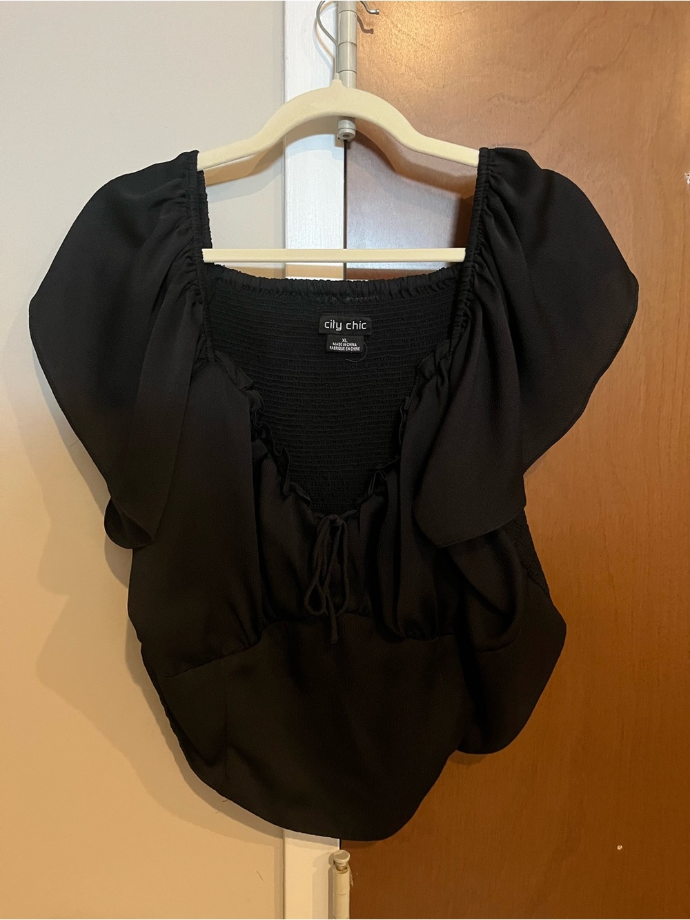 City Chic Black Smocked Back Puff Sleeve Peasant Blouse